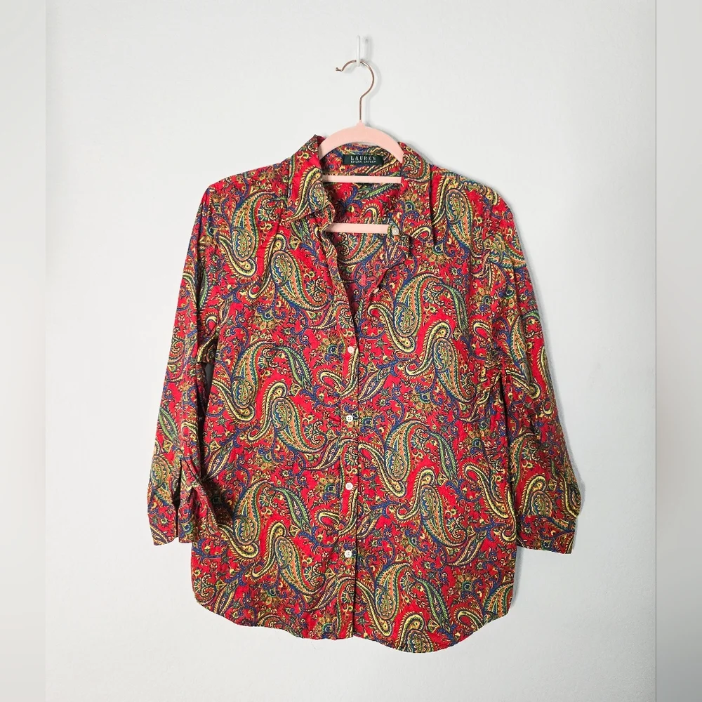 Vintage Ralph Lauren Red Paisley Button-Down Shirt Size Large - Picture 2 of 7